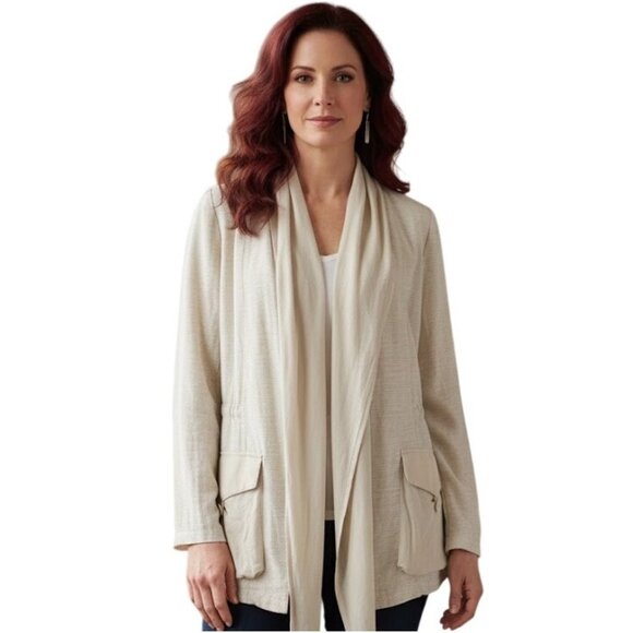 Chico's Sofie Scarf Silk Linen Blazer S 4 Neutral Open Front Pockets Lagenlook - Picture 1 of 13